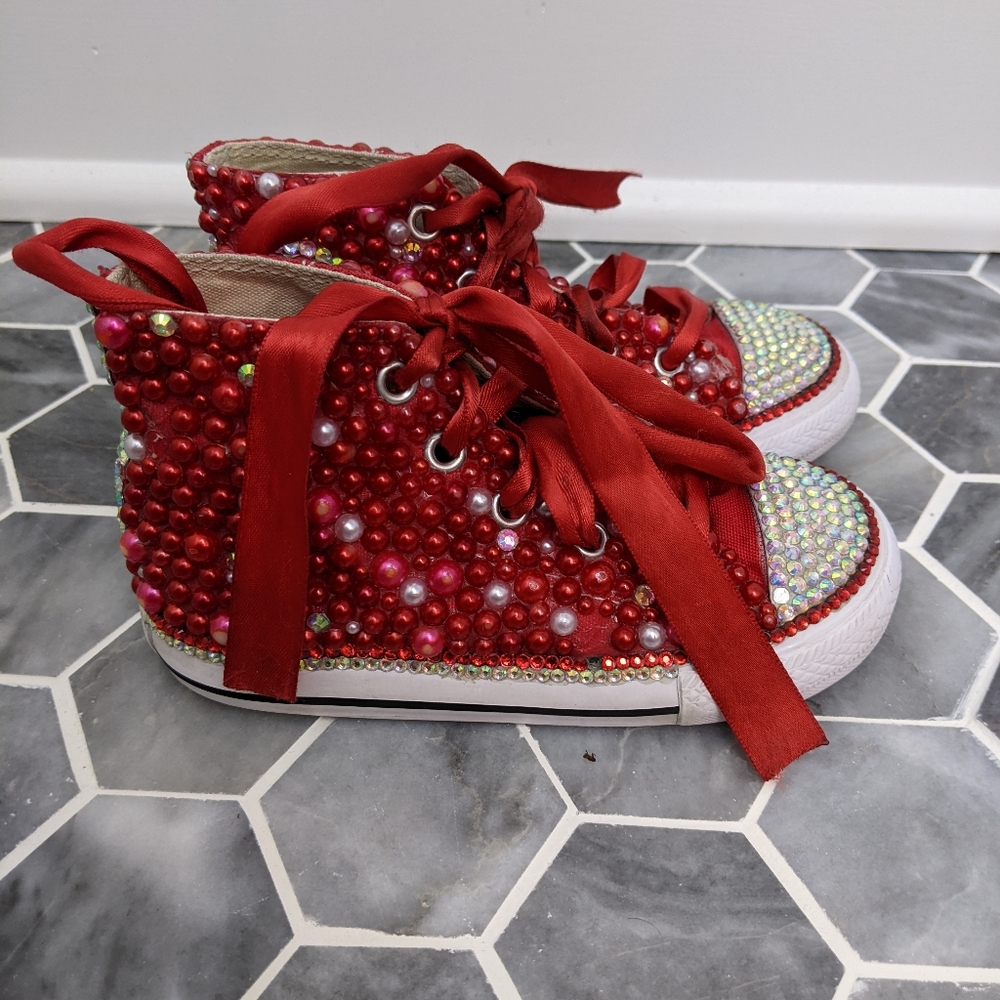 Converse Girl's Red Bling Bedazzled Custom High Top Sneakers